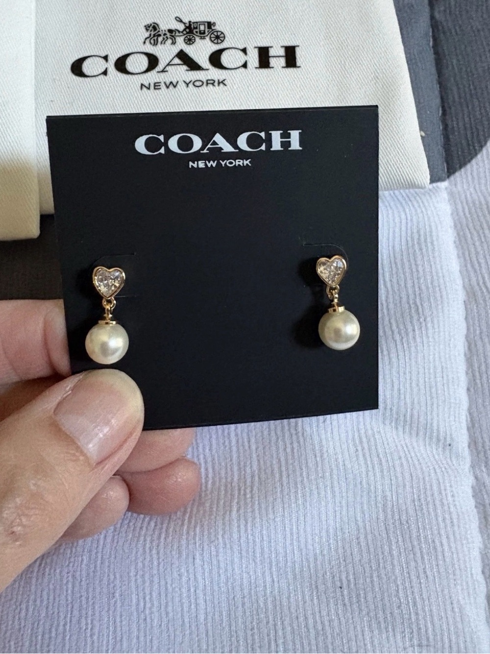 NWT Coach Gold-Tone Heart Crystal and Pearl Drop Earrings and Silver-tone hoops - Picture 2 of 6